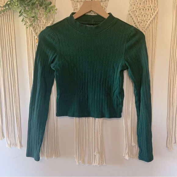AMERICAN EAGLE Cotton Long Sleeve Mock Neck Cropped Top Forrest Green Size Small - Picture 1 of 9